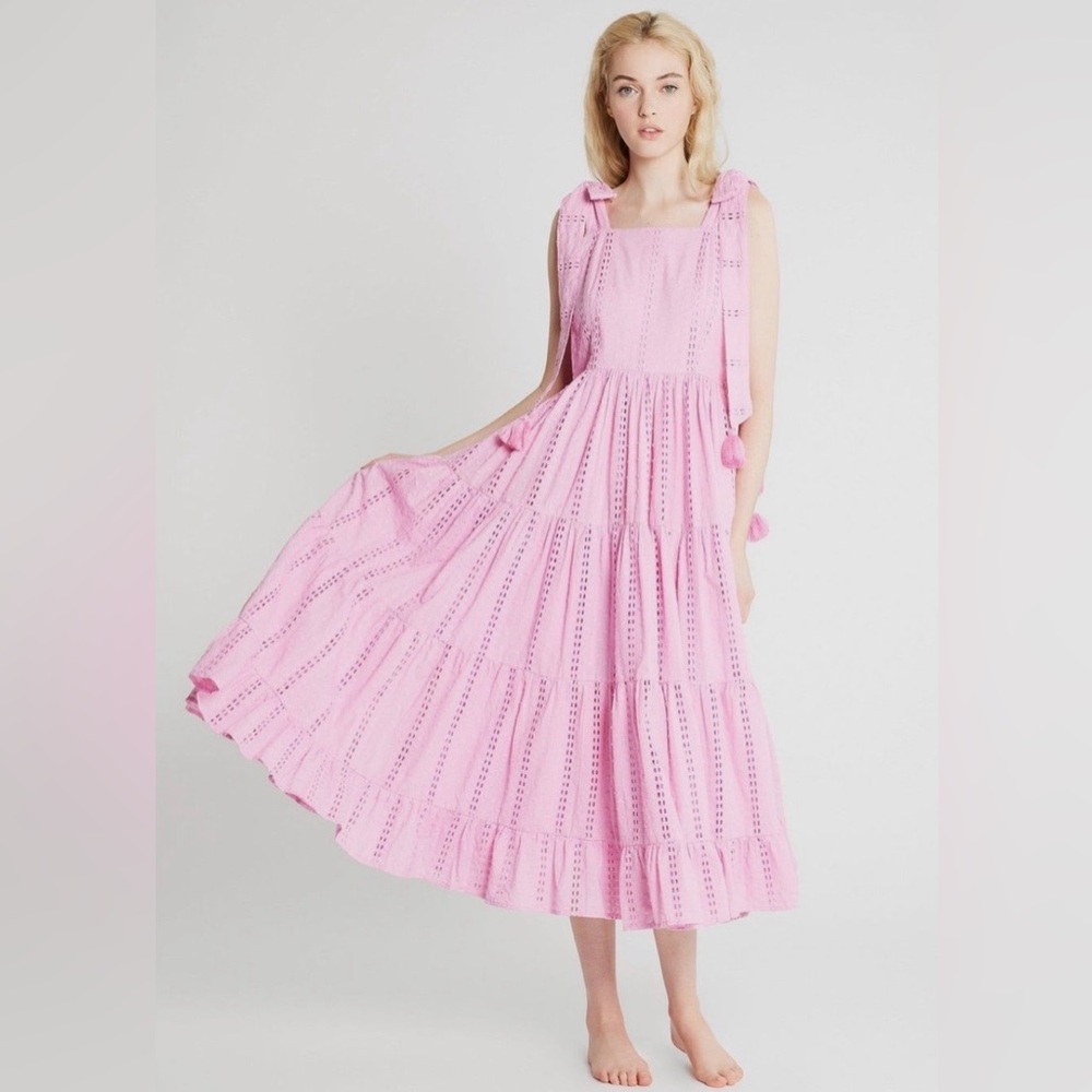 NWOT Mille Daphne Bubblegum Pink Polka Dot Eyelet Tie Shoulder Tiered Midi Dress